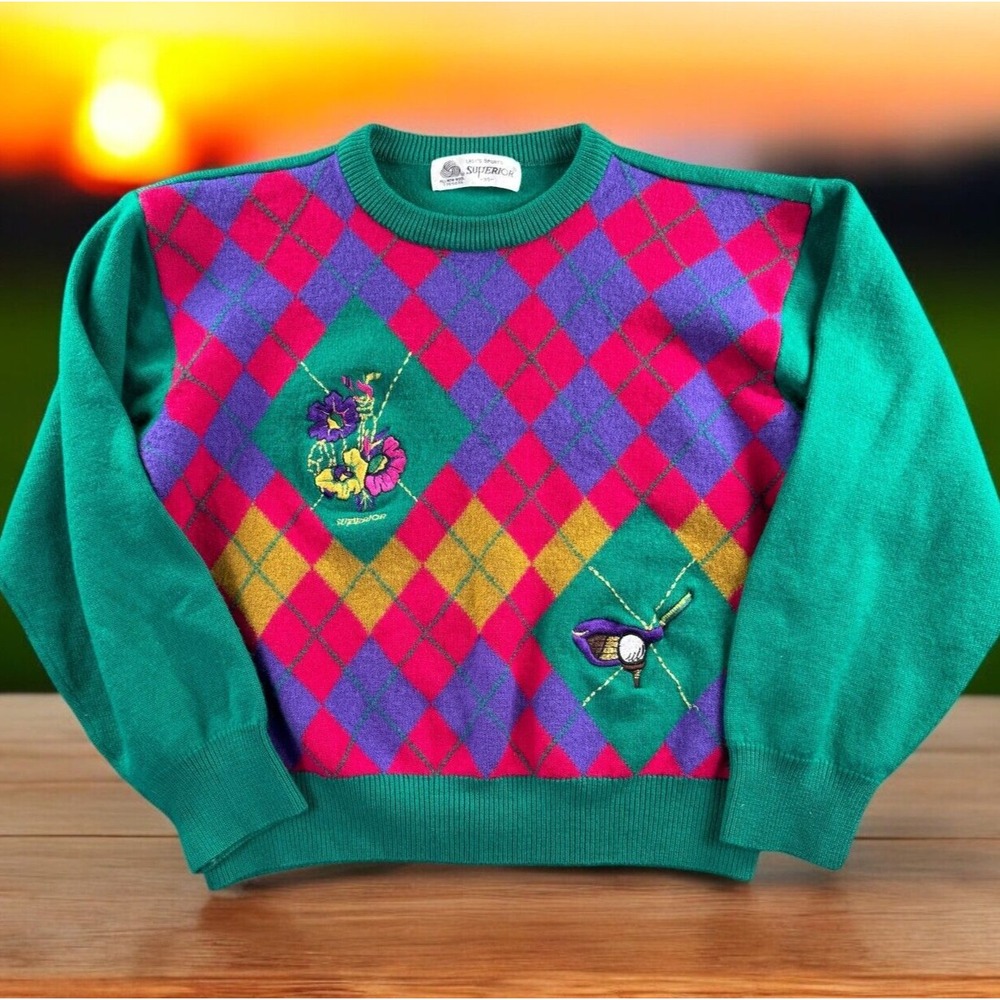 Superior Golf Sweater‎ Women Small 100% Wool Vintage Argyle Rare Boho Easter VTG